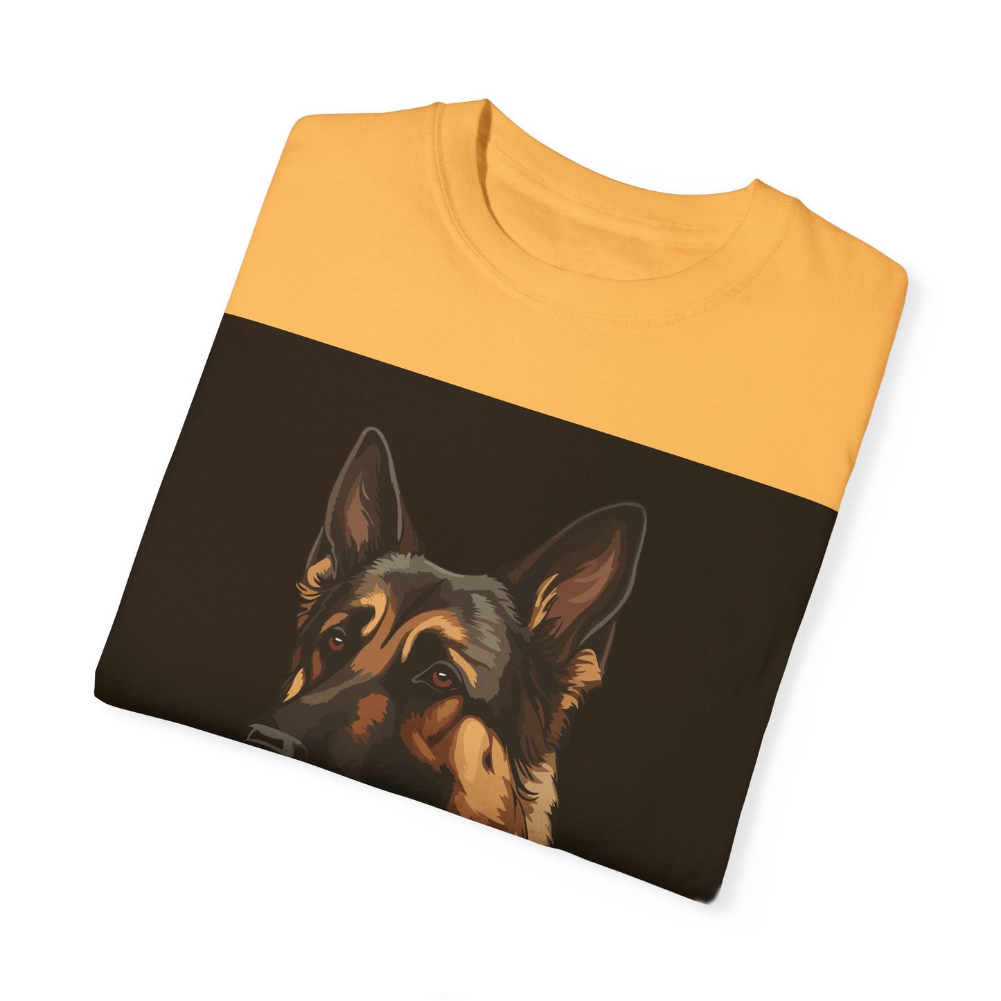 Unisex Dog Lover T-Shirt With Close Up Graphic of German Shepherd and Caption Selfless Beings is Written with Text Effect in Light Orange