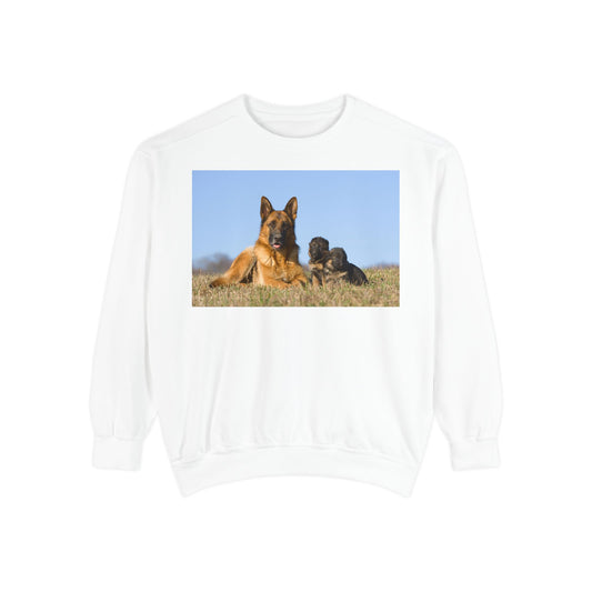 Unisex Dog Lover Sweatshirt With a German Shepherd Lying on the Grass With Two Puppies