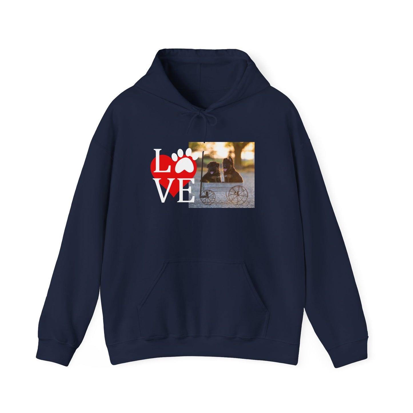 Unisex Dog Lover Hoodie With Two Cute German Shepherd Puppies Sitting on a Cart and Caption Love On Top of Red Heart
