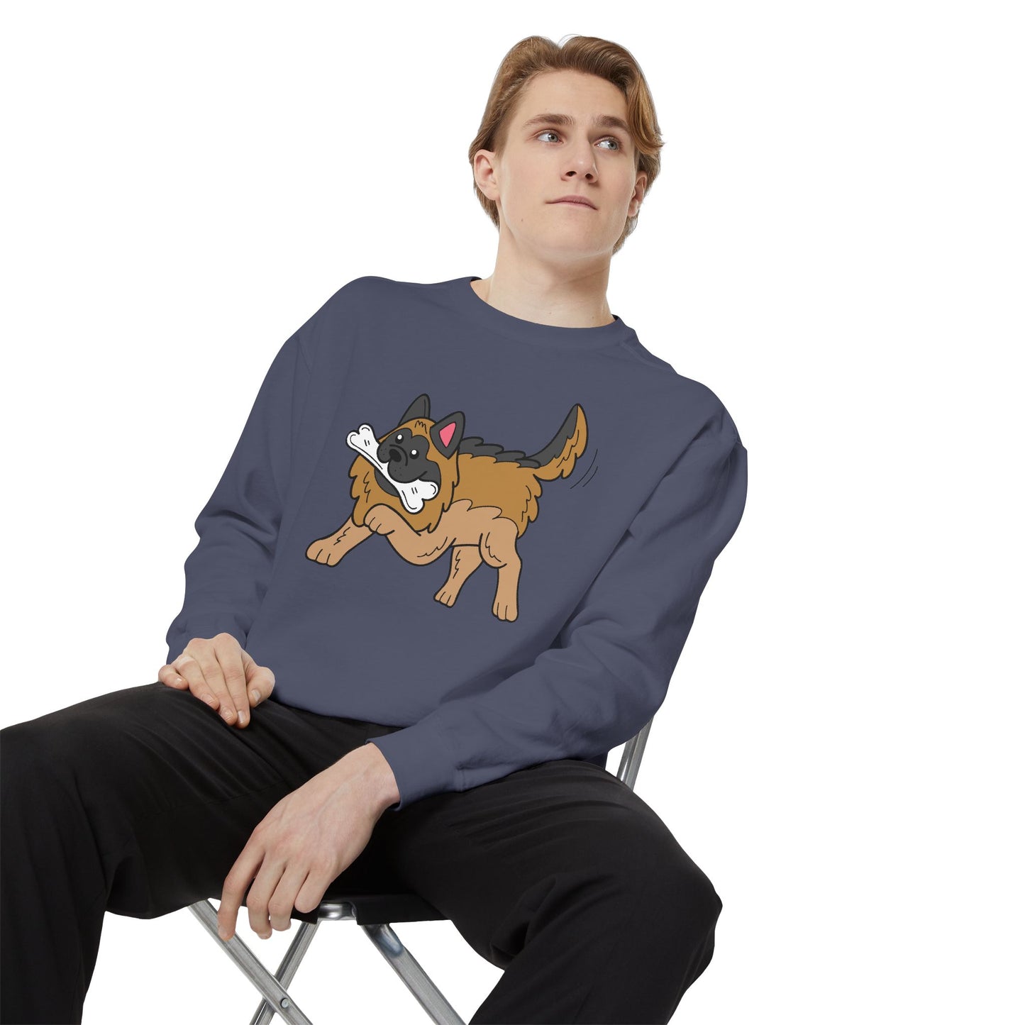 Unisex Dog Lover Sweatshirt With a Graphic of a German Shepherd Holding a White Bone in Mouth