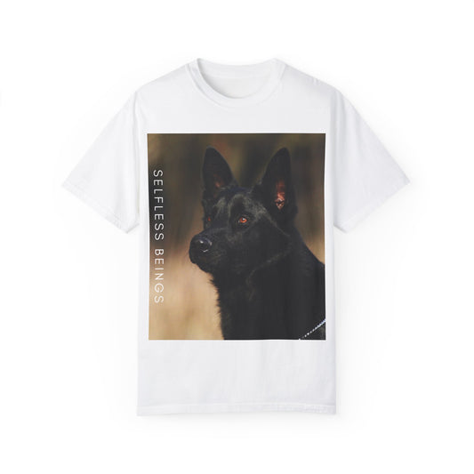 Unisex Dog Lover T-Shirt With Close Up of Serious Looking Solid Black German Shepherd and Caption Selfless Beings