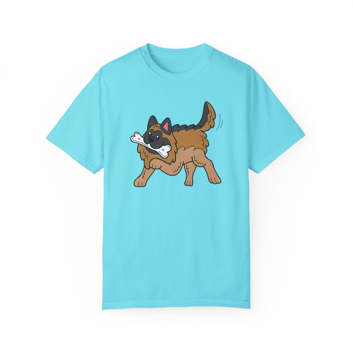 Unisex Dog Lover T-Shirt With a Graphic of a German Shepherd Holding a White Bone in Mouth