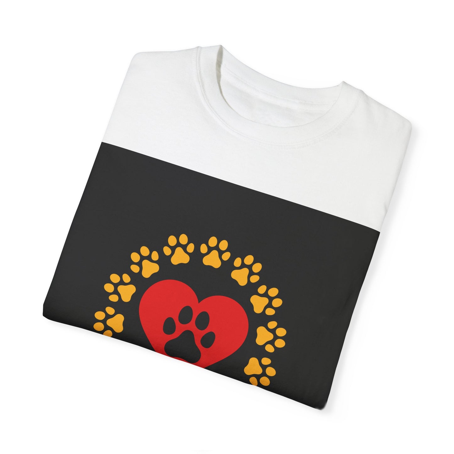 Unisex Dog Lover T-Shirt With Graphic of Yellow Paw Prints In Circle Contain Red Heart Which Contains Black Dog Paw Print Inside and Caption Selfless Beings