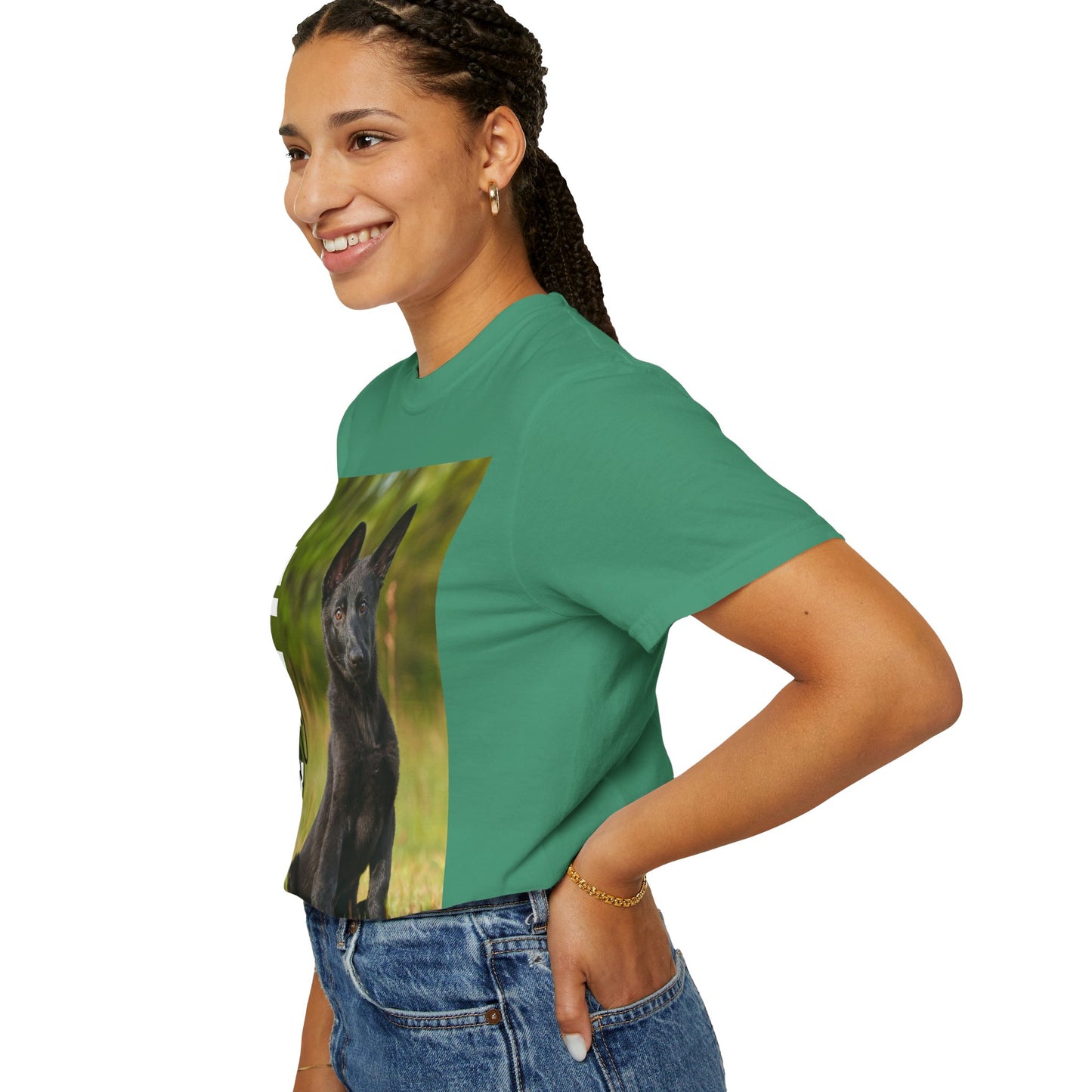 Unisex Dog Lover T-Shirt With Solid Black German Shepherd Puppy Sloppily Sitting on the Green Pasture and Caption Selfless Beings