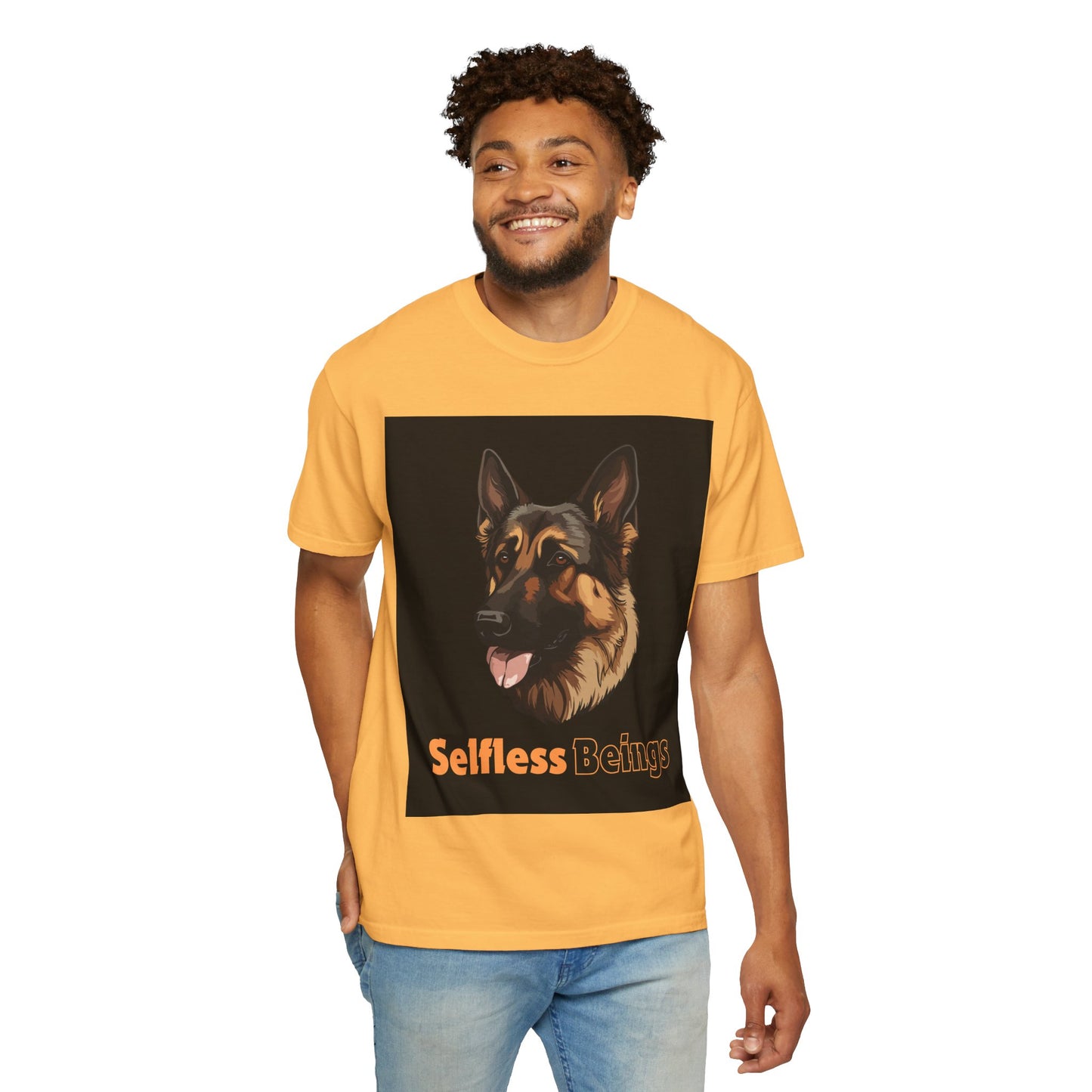 Unisex Dog Lover T-Shirt With Close Up Graphic of German Shepherd and Caption Selfless Beings is Written with Text Effect in Light Orange