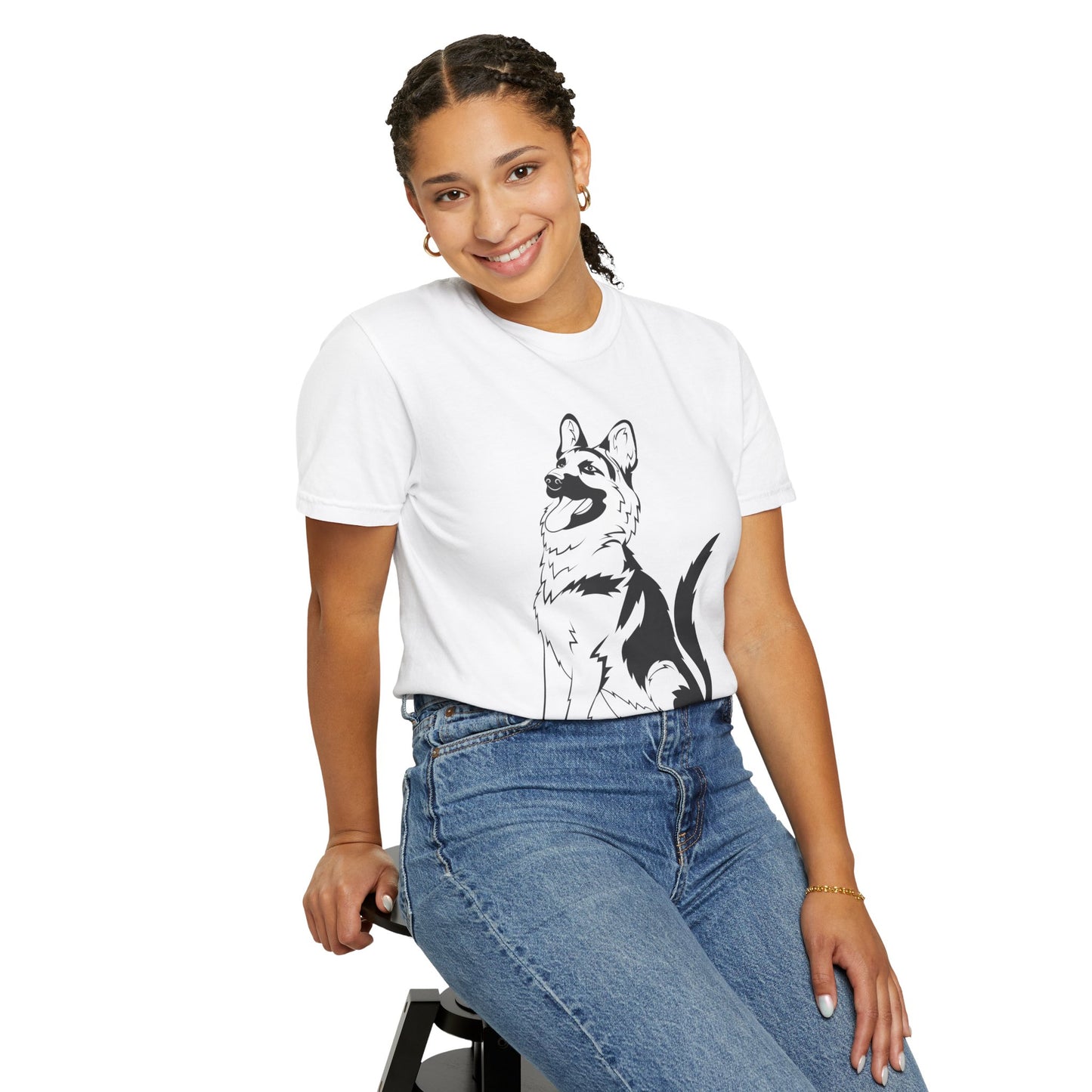Unisex Dog Lover T-Shirt With a Graphic of Black and Transparent German Shepherd Sloppily Sitting