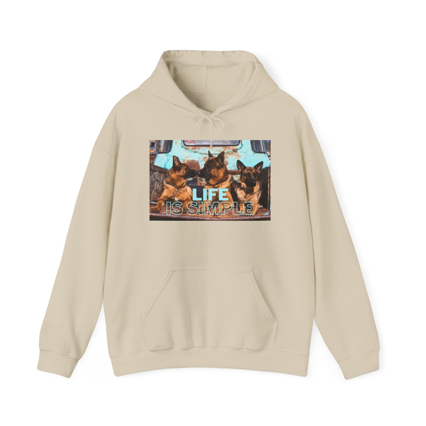 Unisex Dog Lover Hoodie With Three German Shepherds Sitting on the Truck's Cargo Bed and Caption Life is Simple