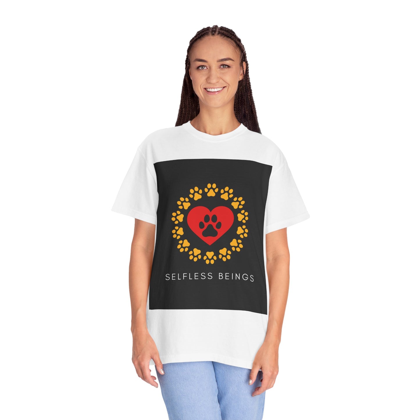 Unisex Dog Lover T-Shirt With Graphic of Yellow Paw Prints In Circle Contain Red Heart Which Contains Black Dog Paw Print Inside and Caption Selfless Beings