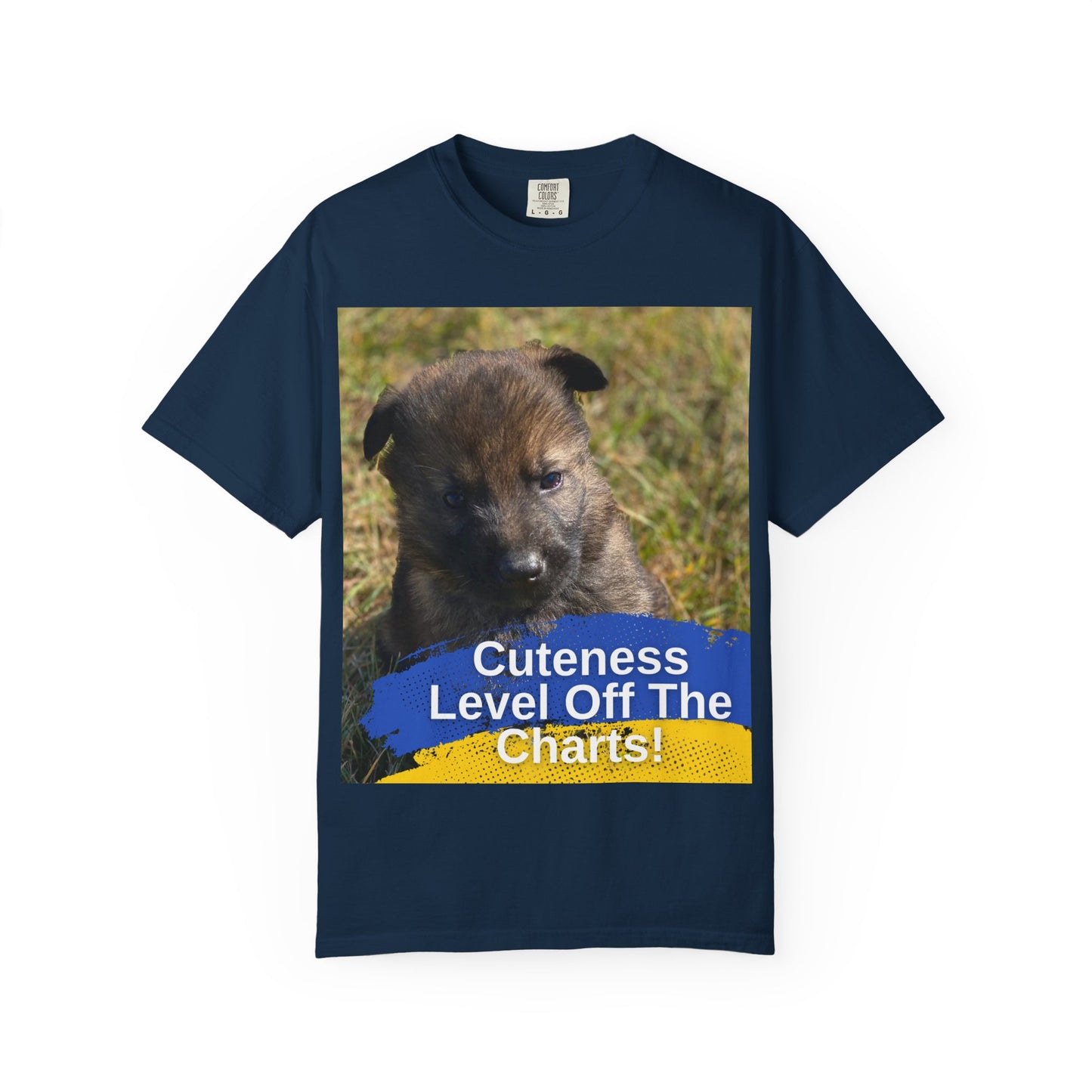 Unisex Dog Lover T-Shirt Featuring a German Shepherd Puppy and Caption Cuteness Level Off The Charts