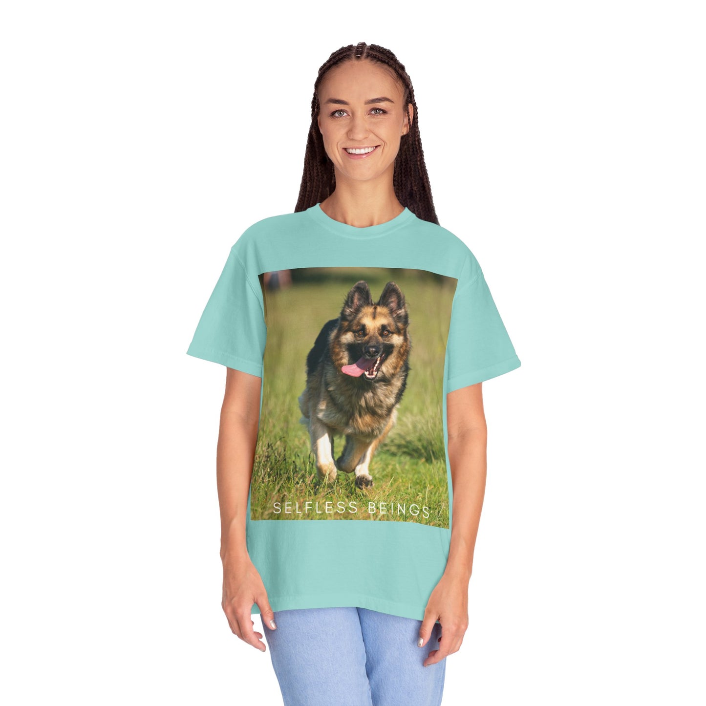 Unisex Dog Lover T-Shirt With Beautiful German Shepherd Running on the Field Leaving Tongue Out and Caption Selfless Beings