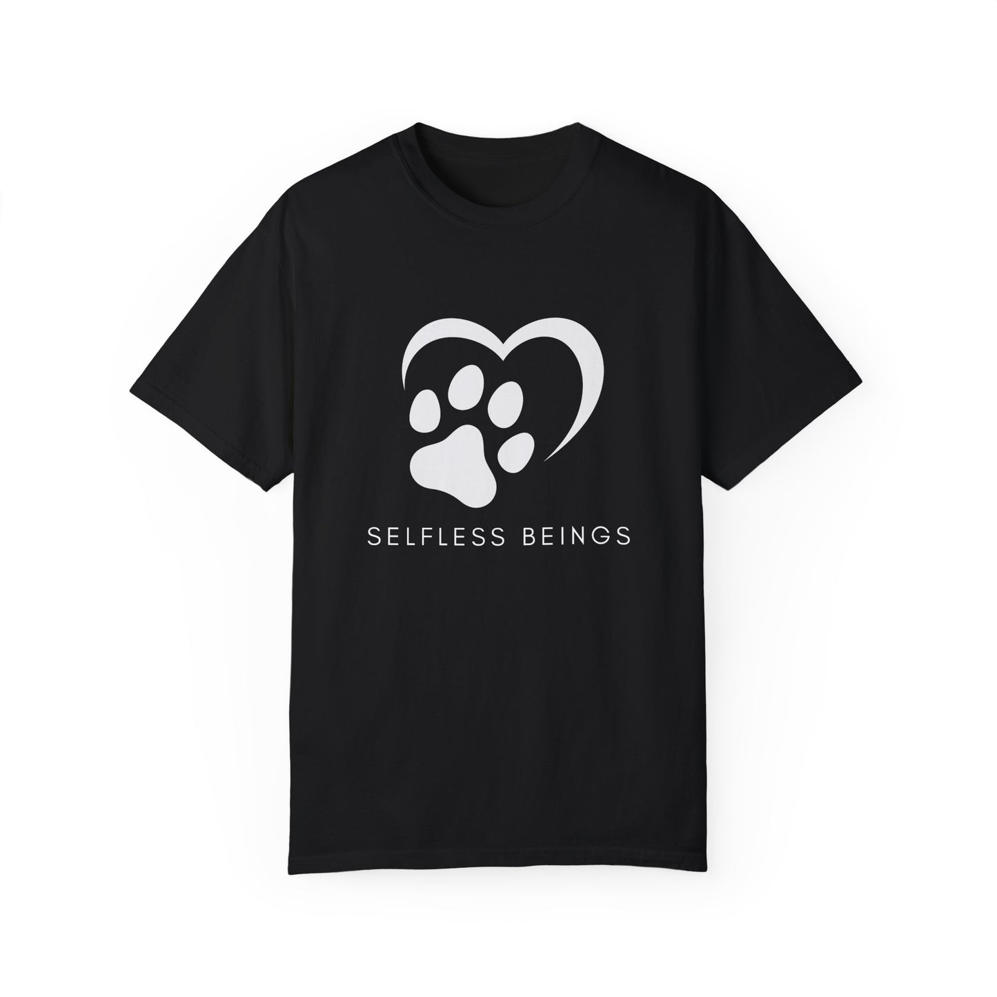 Unisex Dog Lover T-Shirt With Graphic of Half Heart and Dog Paw Print and Caption Selfless Beings Below