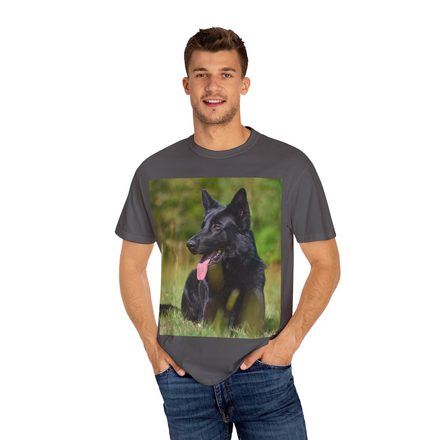 Unisex Garment-Dyed T-Shirt Featuring a Black German Shepherd Resting on Grass Looking Sideways