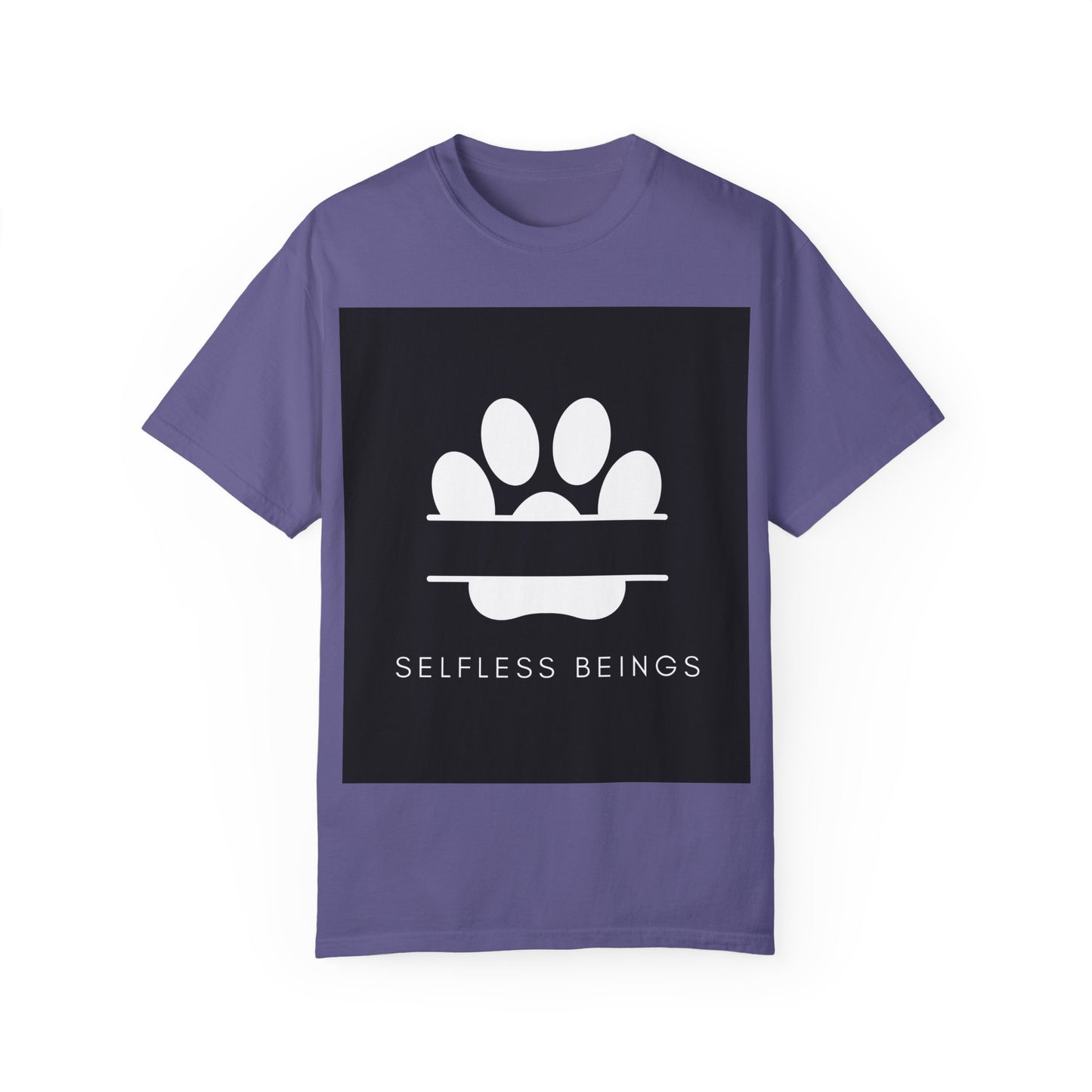 Unisex Dog Lover T-Shirt With Design of Dog's White Paw Print Whose Metacarpal is Split and Caption Selfless Beings