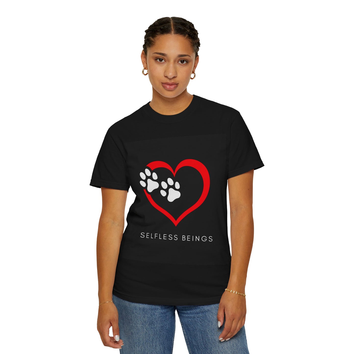 Unisex Dog Lover T-Shirt With Graphic of Red Heart That Contains Two White Dog Paw Prints and Caption Selfless Beings
