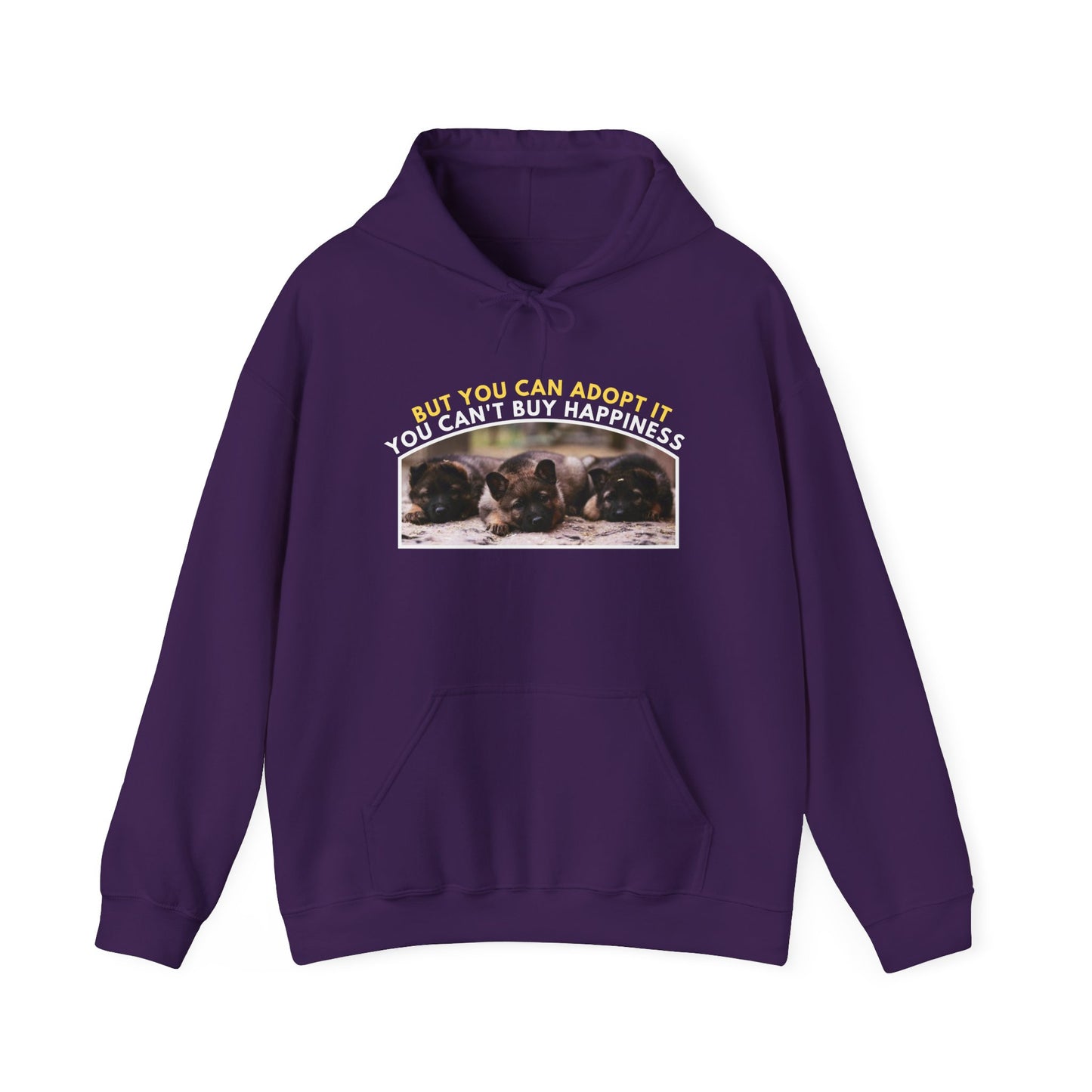 Unisex Dog Lover Hoodie With Three Cute German Shepherd Puppies Sitting in a Row and Caption You Can't Buy Happiness But You Can Adopt It