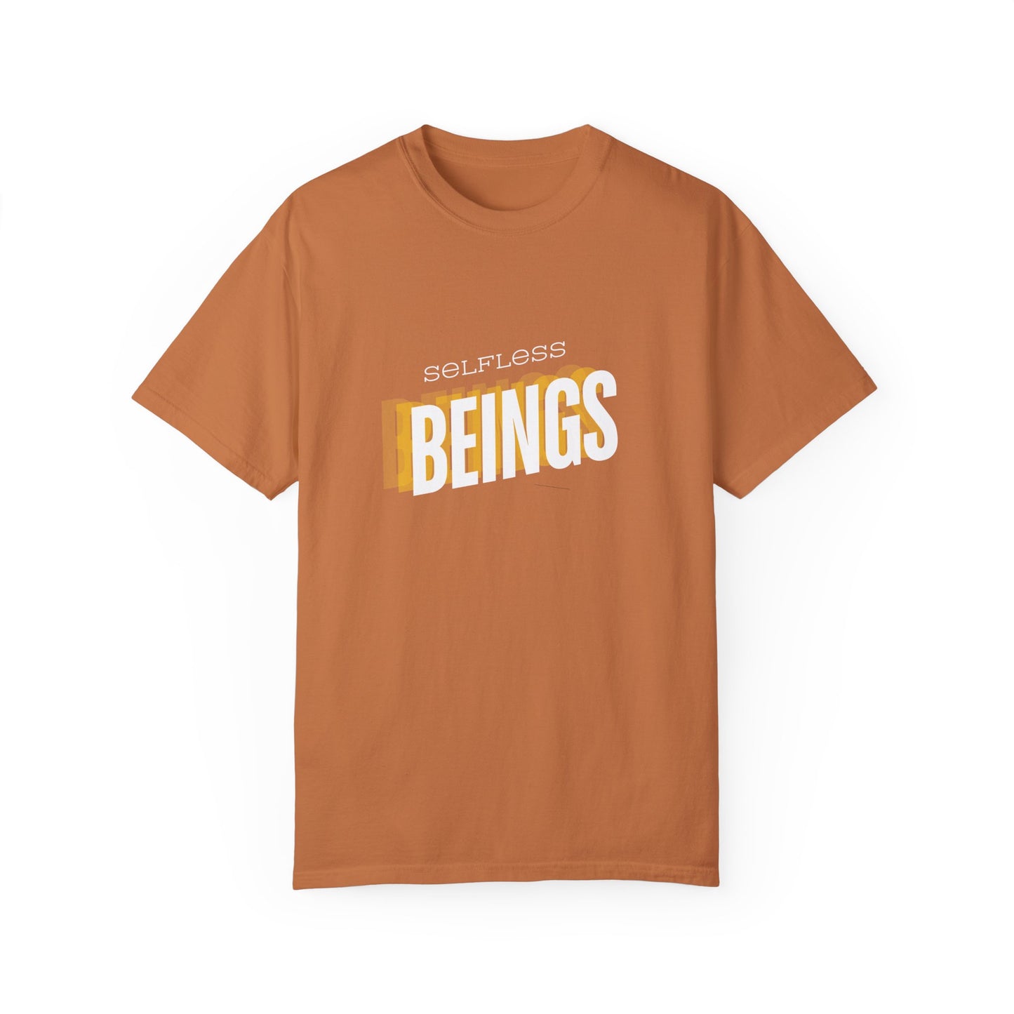 Unisex Dog Lover T-Shirt With Text "Selfless Beings" Designed Using Dark Yellow, Light Yellow and White Colors