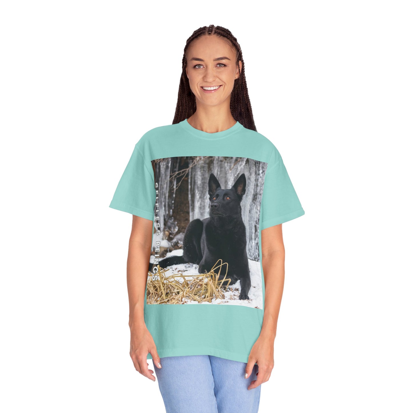 Unisex Dog Lover T-Shirt With Solid Black German Shepherd Sitting on the Snow, Ice Spikes in the Background and Caption Selfless Beings