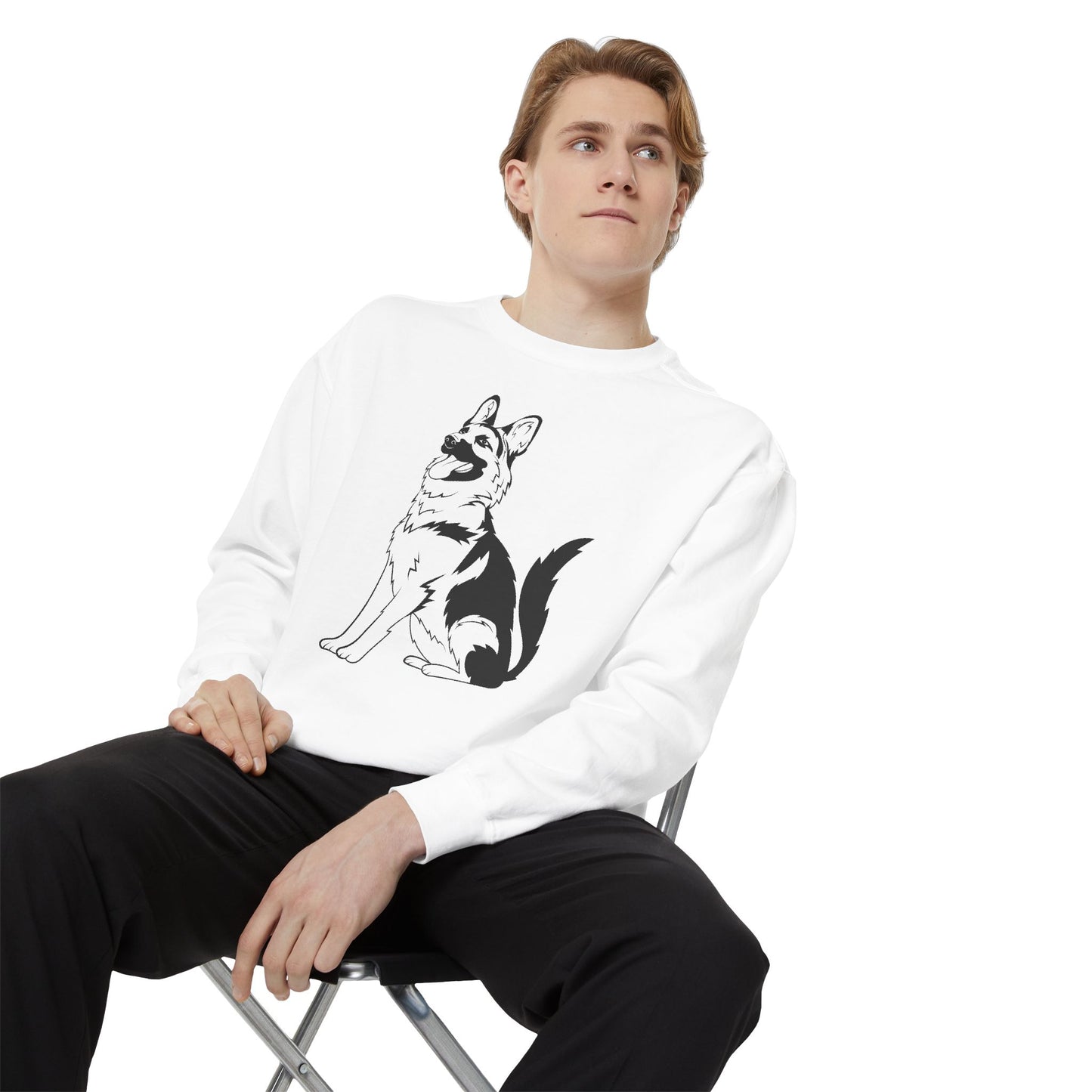 Unisex Dog Lover Sweatshirt With a Graphic of Black and Transparent German Shepherd Sloppily Sitting