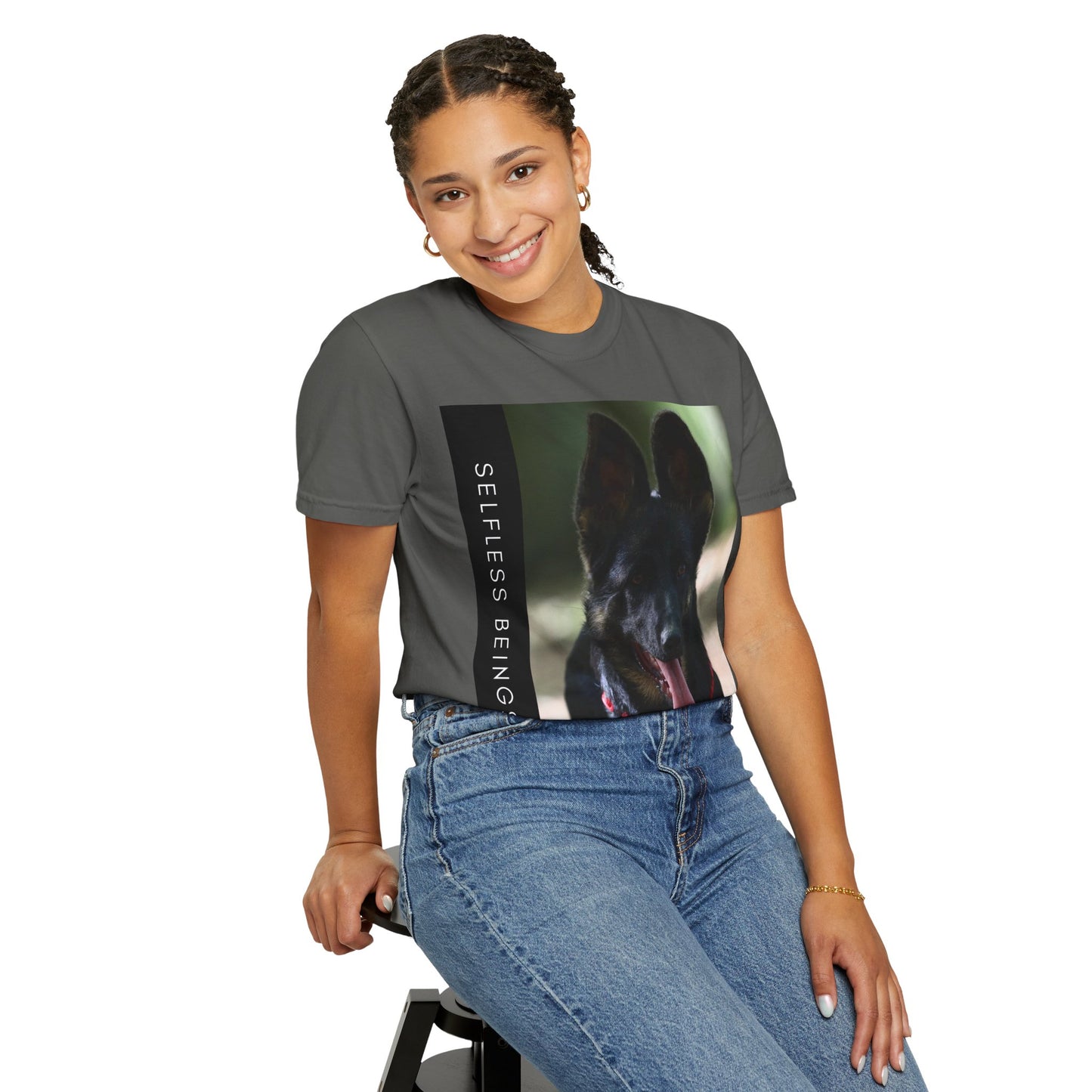 Unisex Dog Lover T-Shirt With Close Up Portrait of Slim German Shepherd Leaving His Tongue Out and Caption Selfless Beings