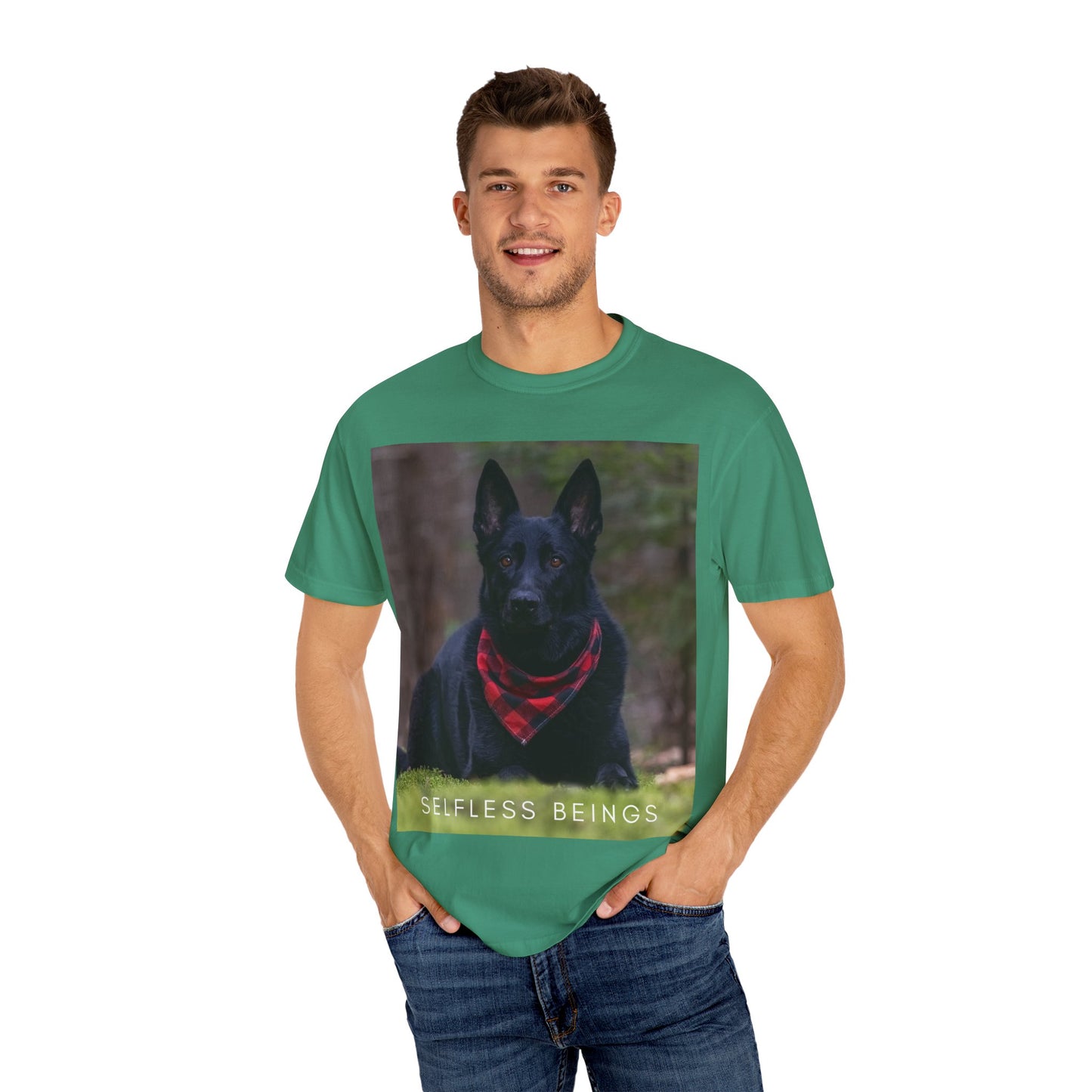 Unisex Dog Lover T-Shirt With a Solid Black German Shepherd Wearing a Red Romal Sitting and Caption Selfless Beings