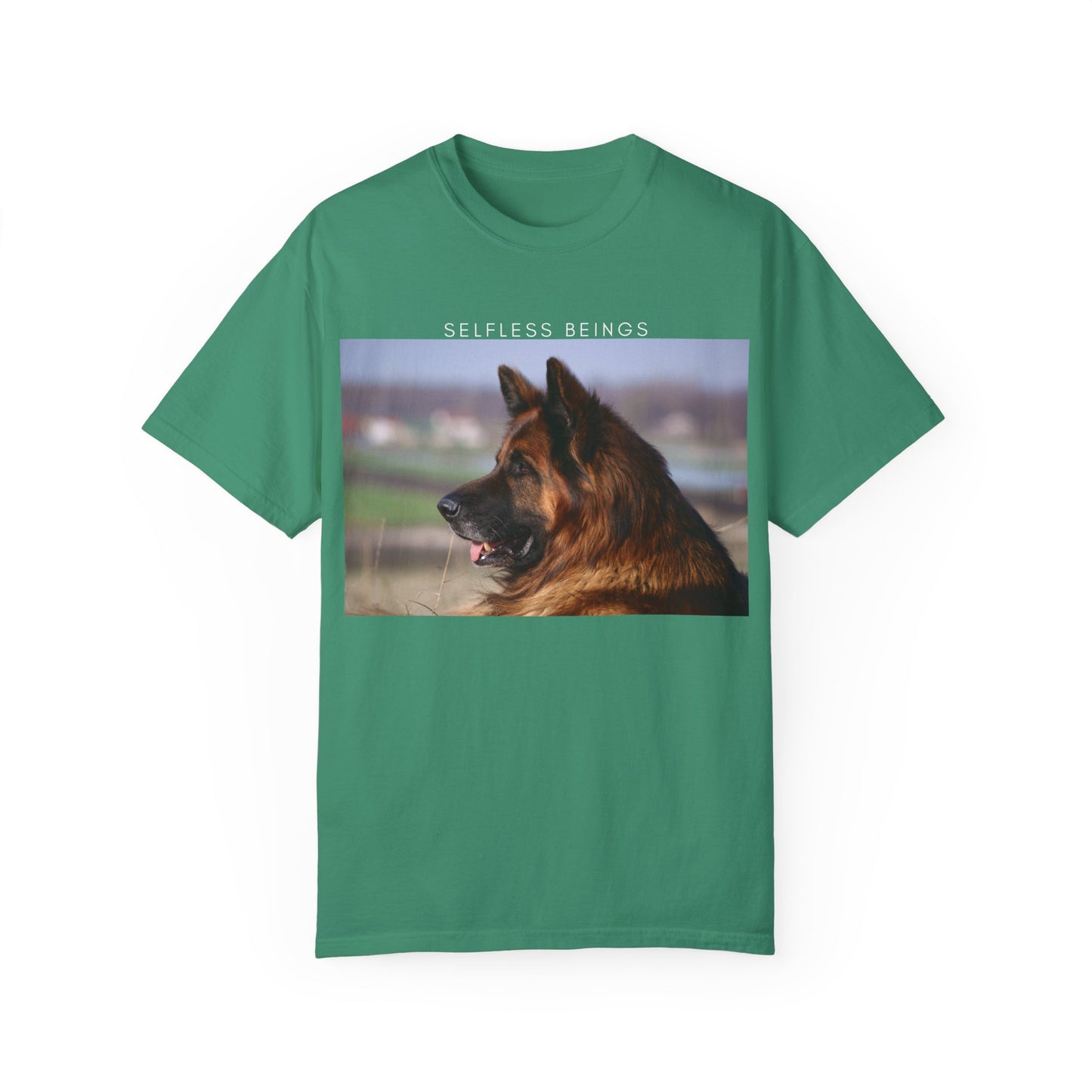 Unisex Dog Lover T-Shirt With Giant Long Coat German Shepherd Looking Straight and Caption Selfless Beings
