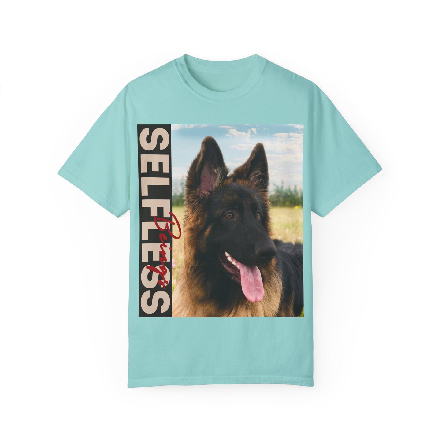 Unisex Dog Lover T-Shirt With Young Long Coat German Shepherd Looking Sideways Leaving Tongue Out and Caption Selfless Beings Written With Beige Red
