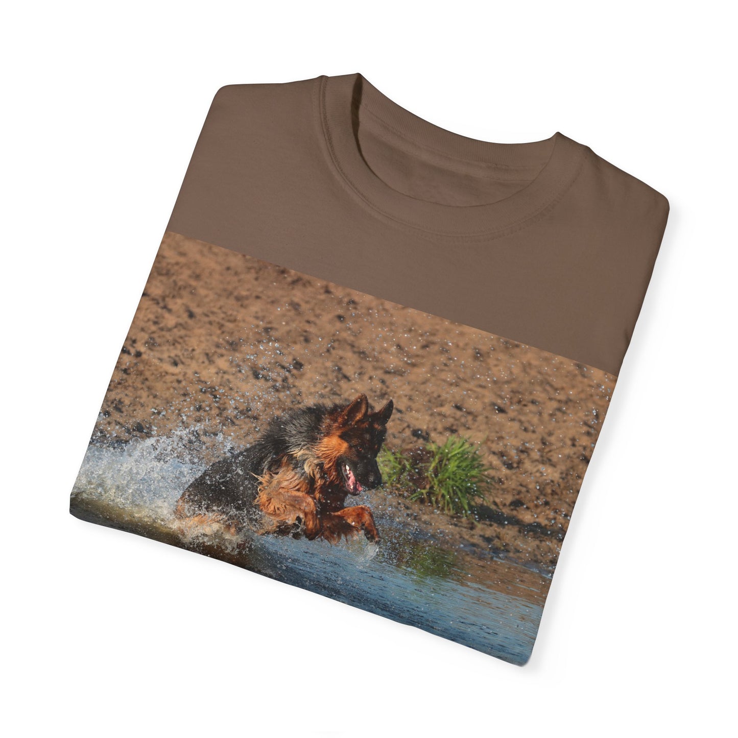 Unisex Dog Lover T-Shirt With Giant German Shepherd Jumps in the River