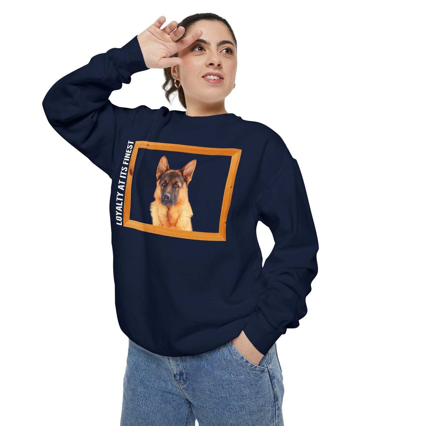 Unisex Dog Lover Sweatshirt With a German Shepherd's Head Inside a Wooden Frame and Caption Loyalty at Its Finest