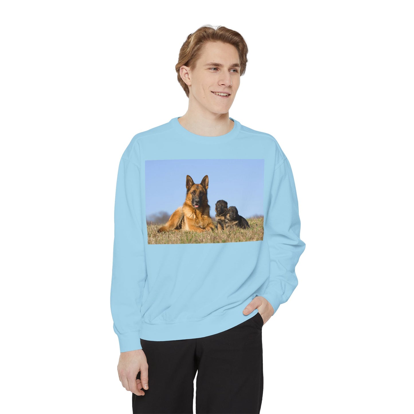 Unisex Dog Lover Sweatshirt With a German Shepherd Lying on the Grass With Two Puppies