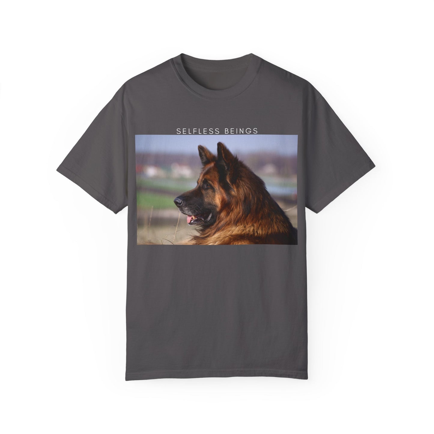 Unisex Dog Lover T-Shirt With Giant Long Coat German Shepherd Looking Straight and Caption Selfless Beings