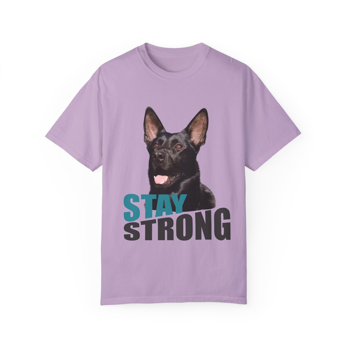 Unisex Dog Lover T-Shirt With Solid Black Working Line German Shepherd Mouth Opened and Caption Stay Strong