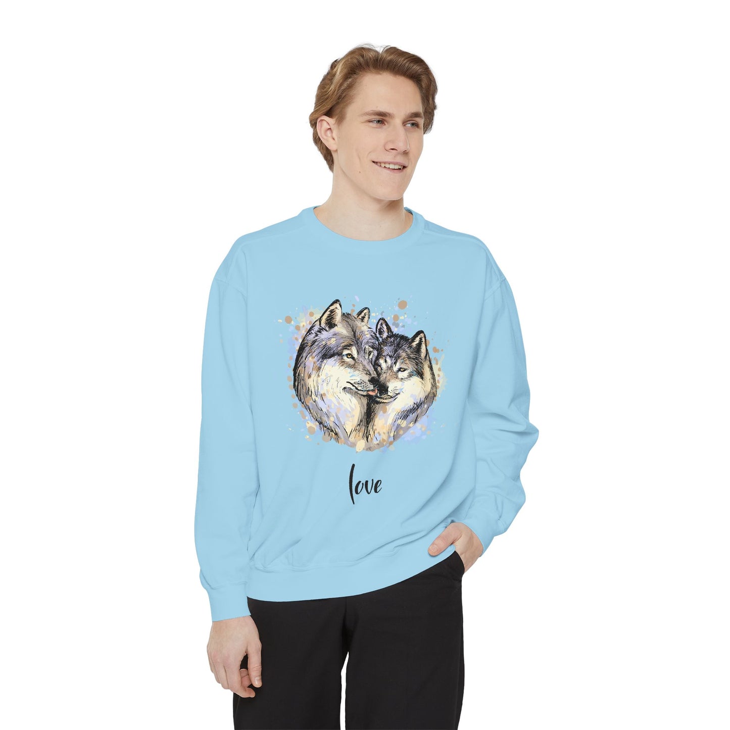 Unisex Valentine's Day Sweatshirt With a Male and Female Grey Wolves Together and Caption Love
