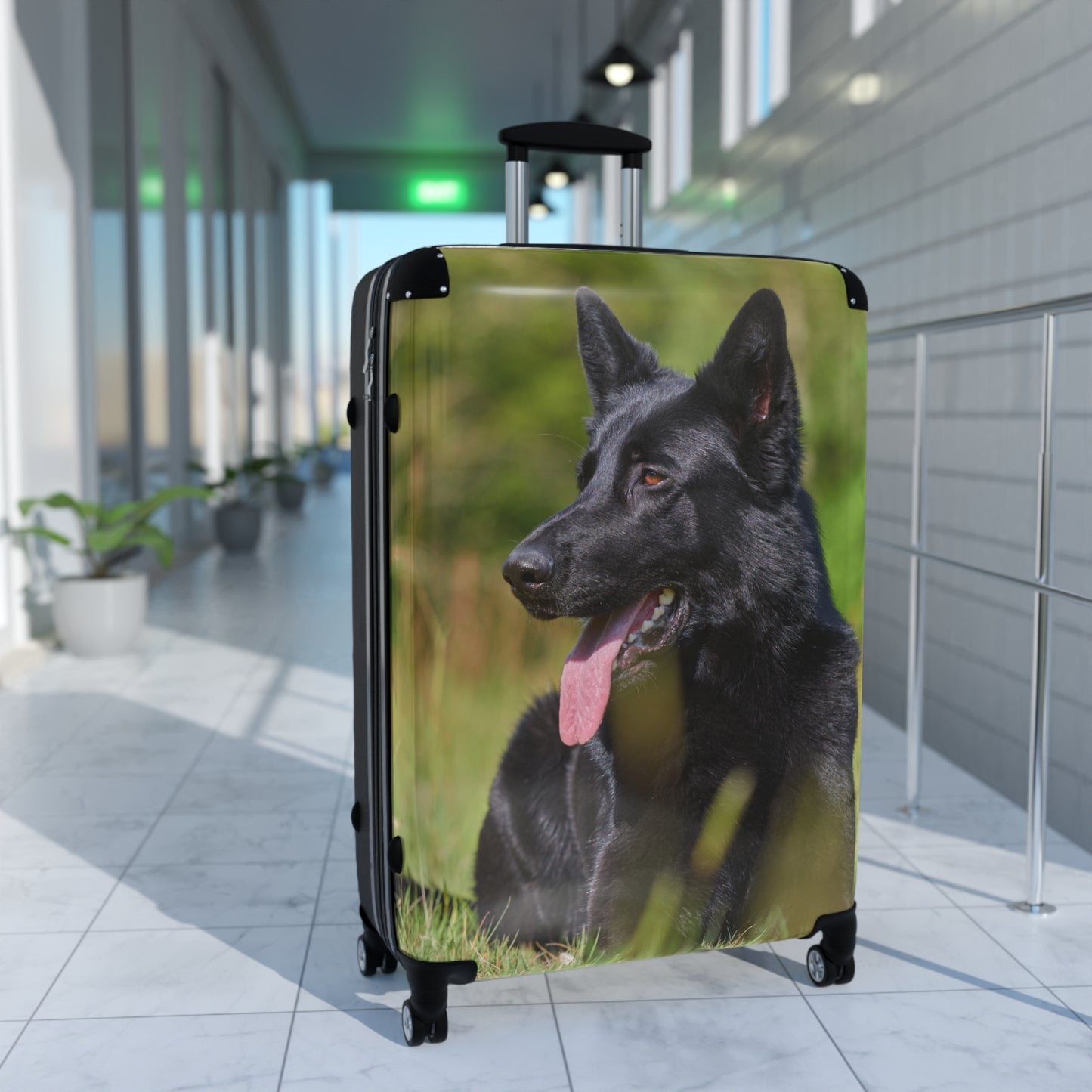 Dog Lovers Suitcase Featuring a Black German Shepherd Resting on Grass Looking Sideways