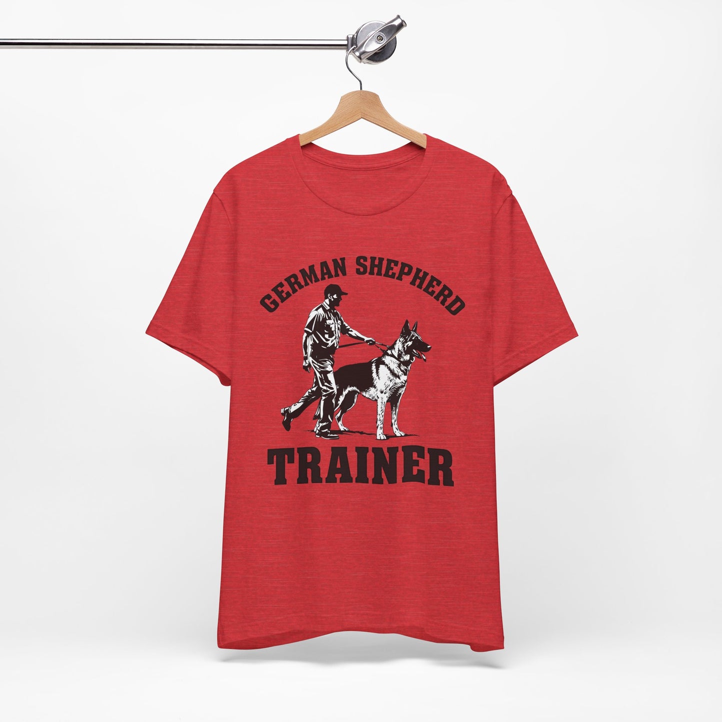 German Shepherd Trainer Tee - Black and White Design of Man Holding a German Shepherd