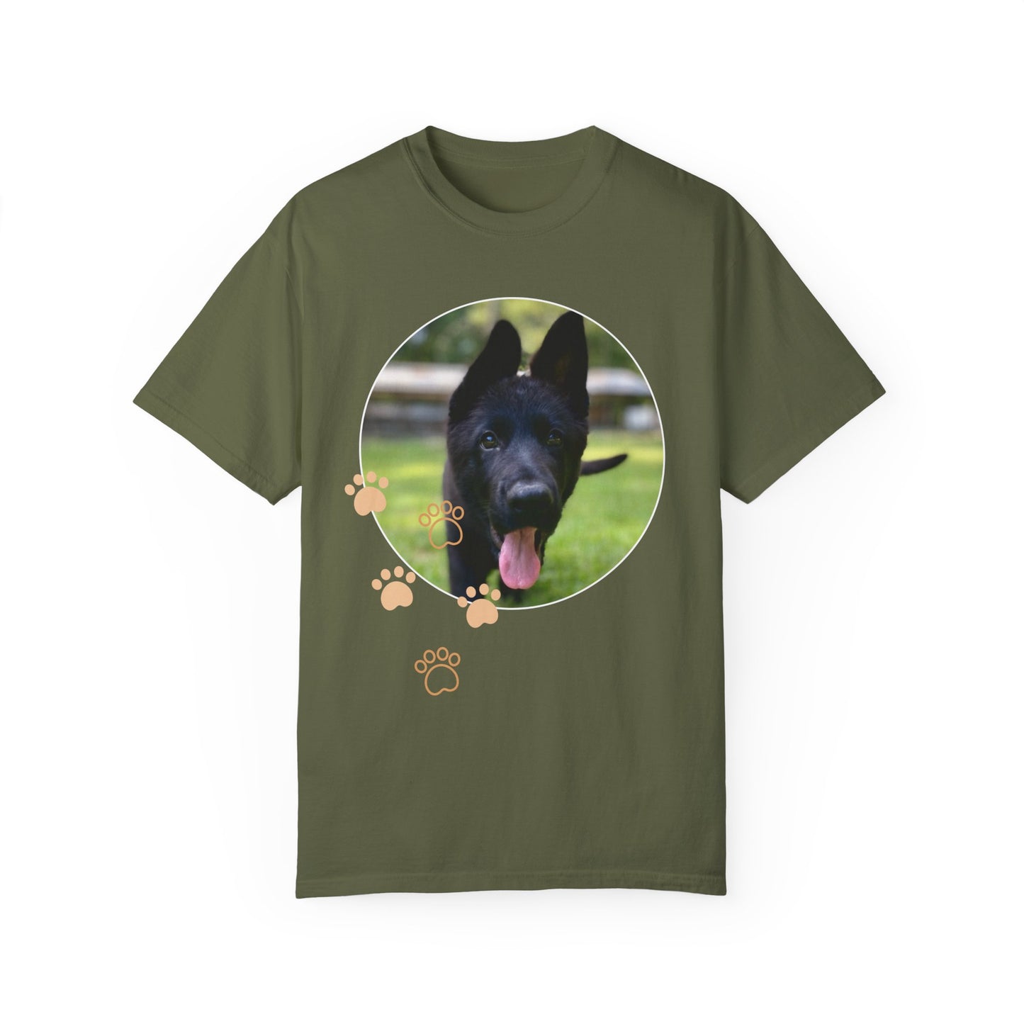 Unisex Dog Lover T-Shirt With Black German Shepherd Puppy Walking on Grass Leaving Tongue Out and Paw Icons