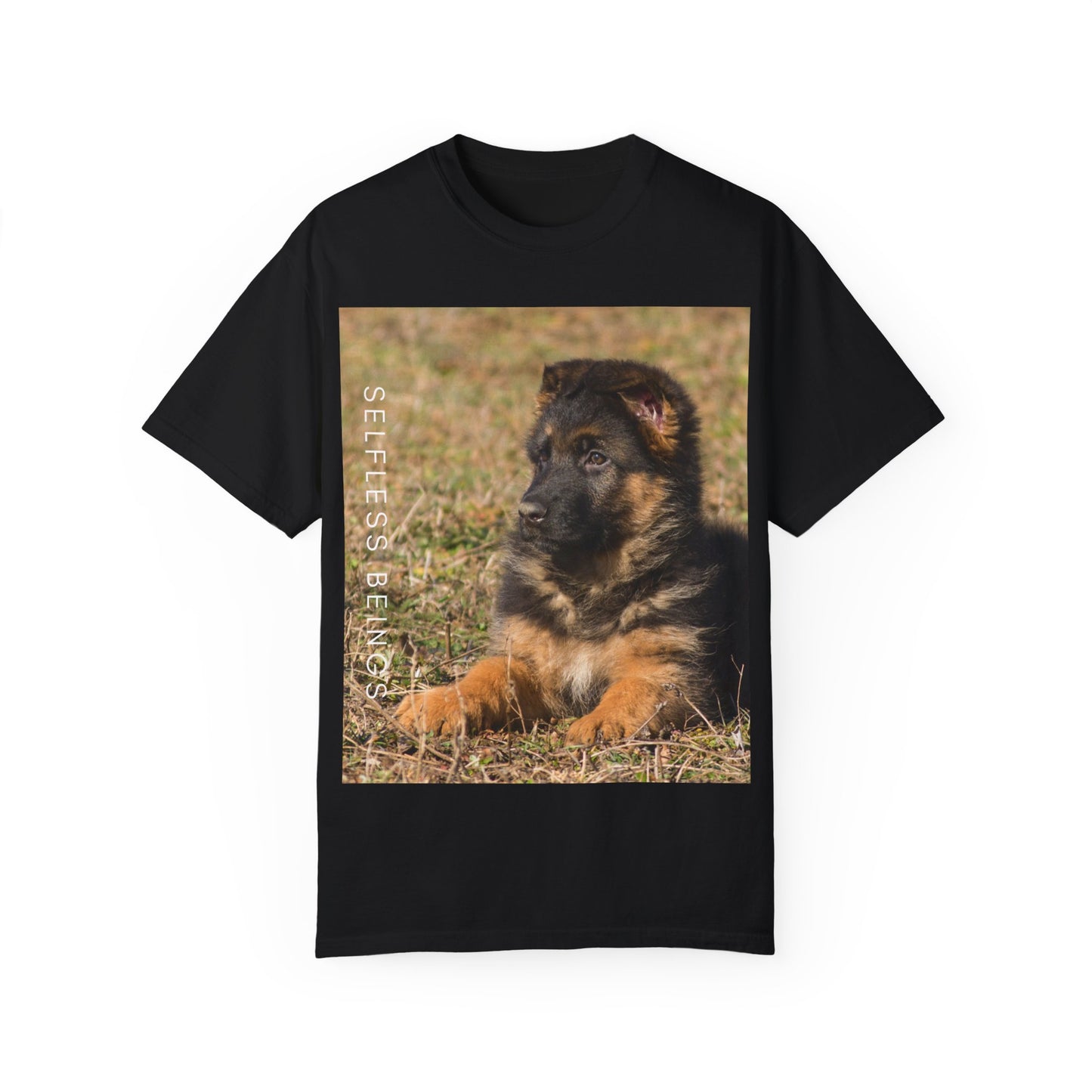Unisex Dog Lover T-Shirt With Beautiful German Shepherd Puppy Resting On the Grass and Caption Selfless Beings