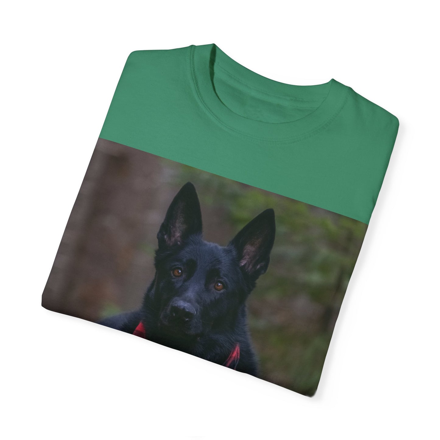Unisex Dog Lover T-Shirt With a Solid Black German Shepherd Wearing a Red Romal Sitting and Caption Selfless Beings