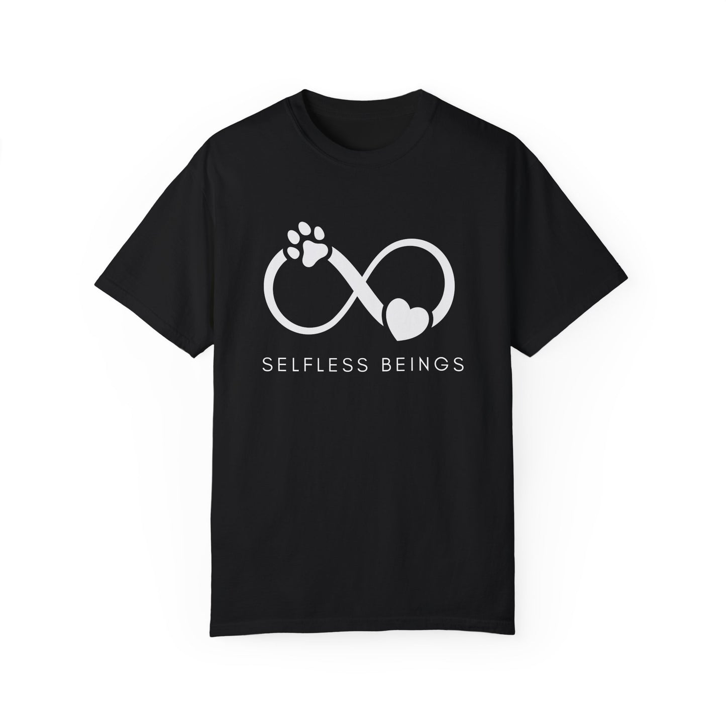 Unisex Dog Lover T-Shirt With Paw Print and Heart on Infinity Symbol and Caption Selfless Beings Below