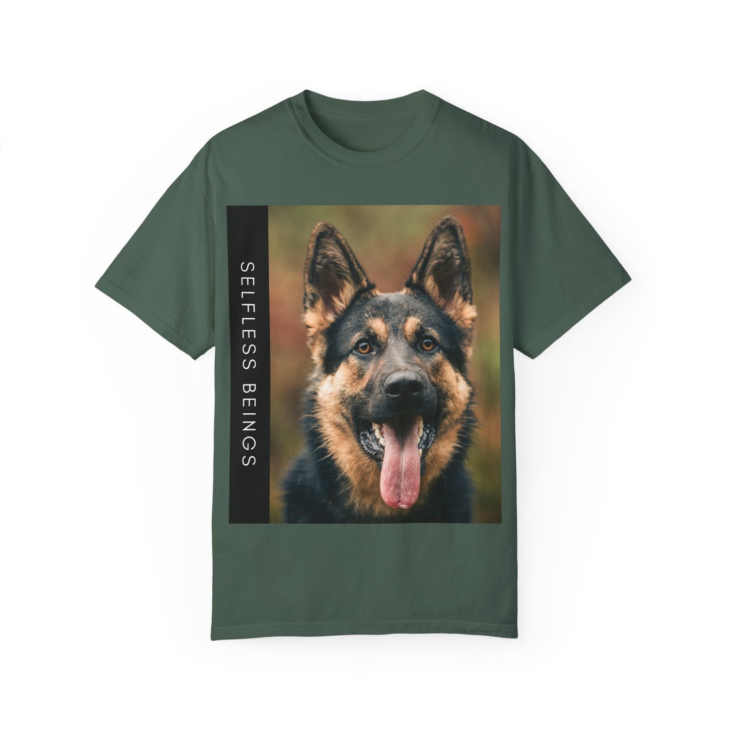 Unisex Dog Lover T-Shirt With Close Up of German Shepherd Leaving His Tongue Out and Caption Selfless Beings