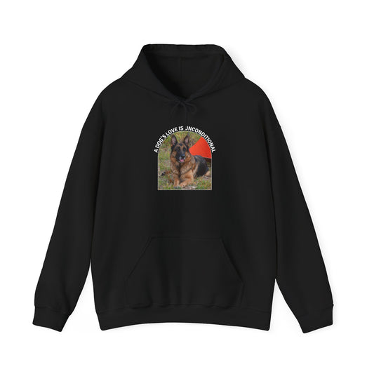 Unisex Dog Lover Hoodie With German Shepherd and Caption Dog's Love is Unconditional