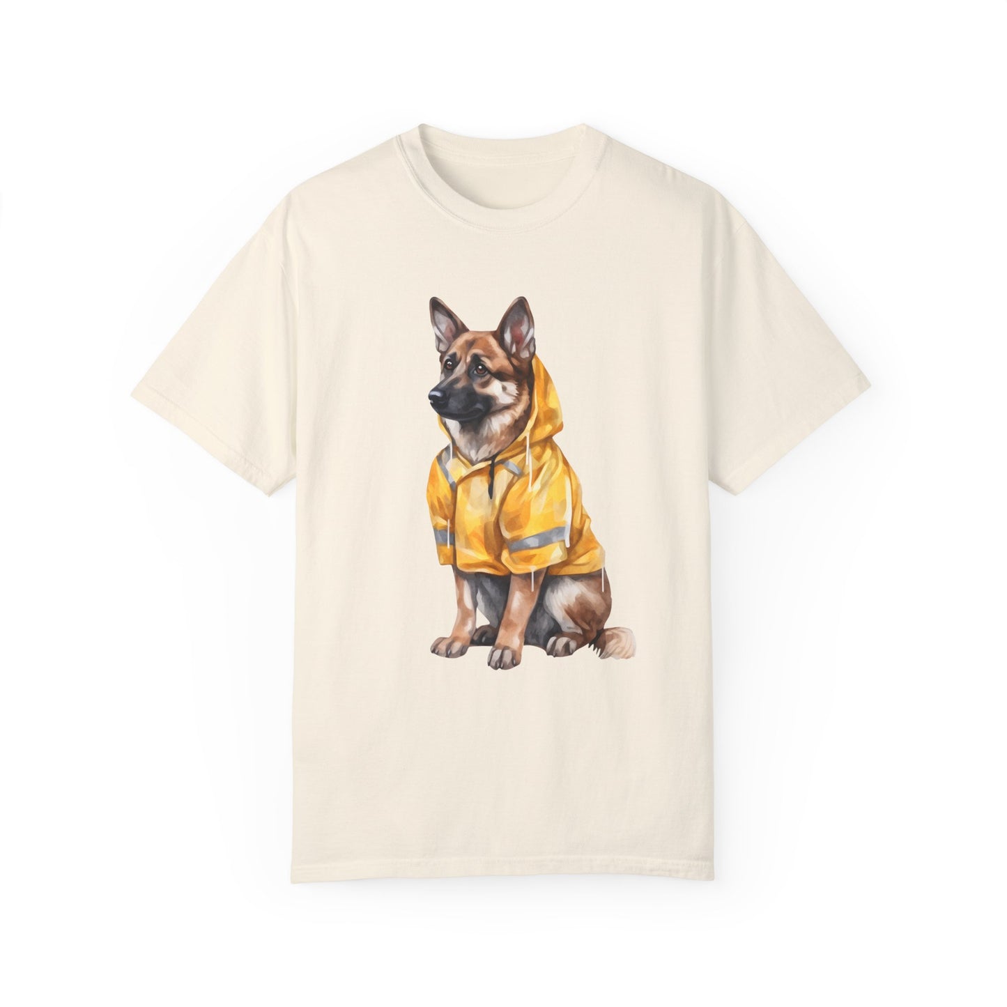 Unisex Dog Lover T-Shirt With a Graphic of German Shepherd Wearing a Yellow Rain Coat