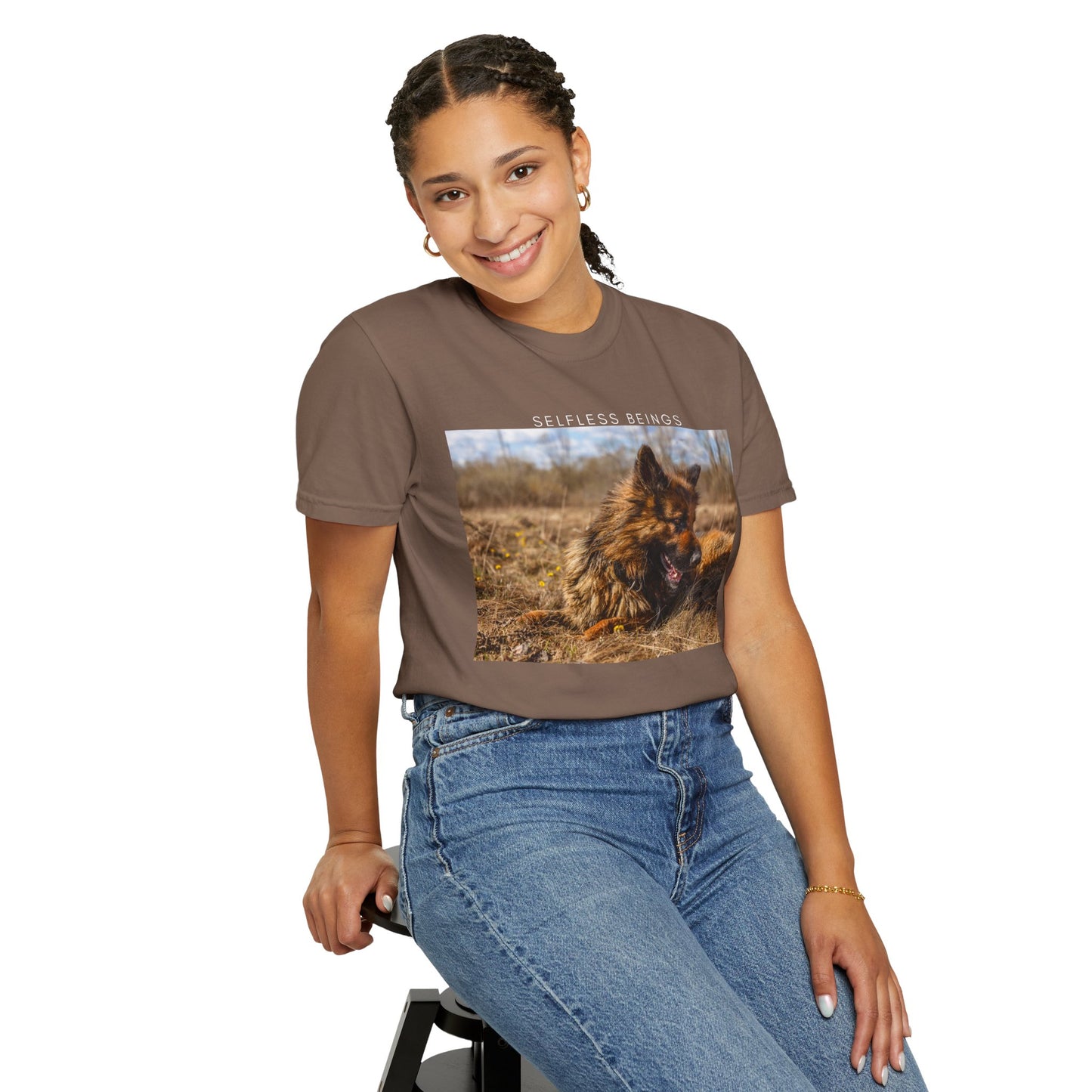 Unisex Dog Lover T-Shirt With a German Shepherd Lying on the Dry Grass in Spring and Caption Selfless Beings