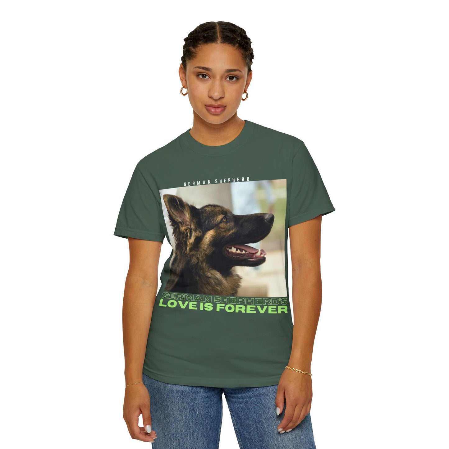 Unisex T-Shirt With Close Up Face of Working Line German Shepherd Mouth Opened and Quote A GSDs Love is Forever
