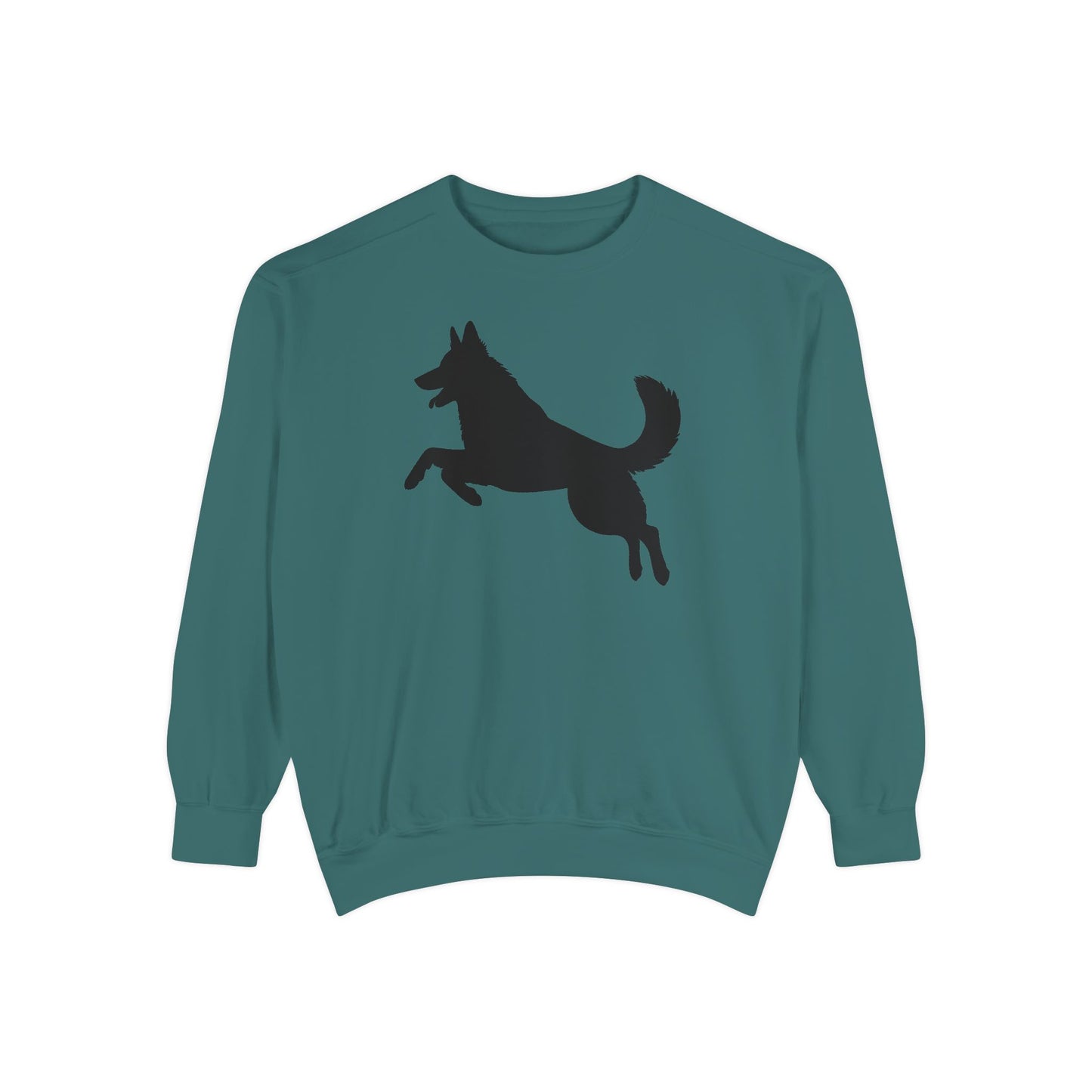 Unisex Dog Lover Sweatshirt With a Graphic of Solid Black German Shepherd Jumping in the Air
