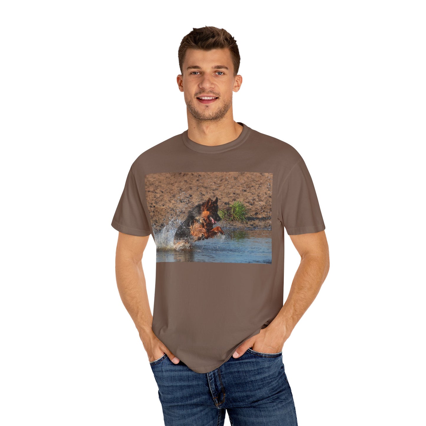 Unisex Dog Lover T-Shirt With Giant German Shepherd Jumps in the River