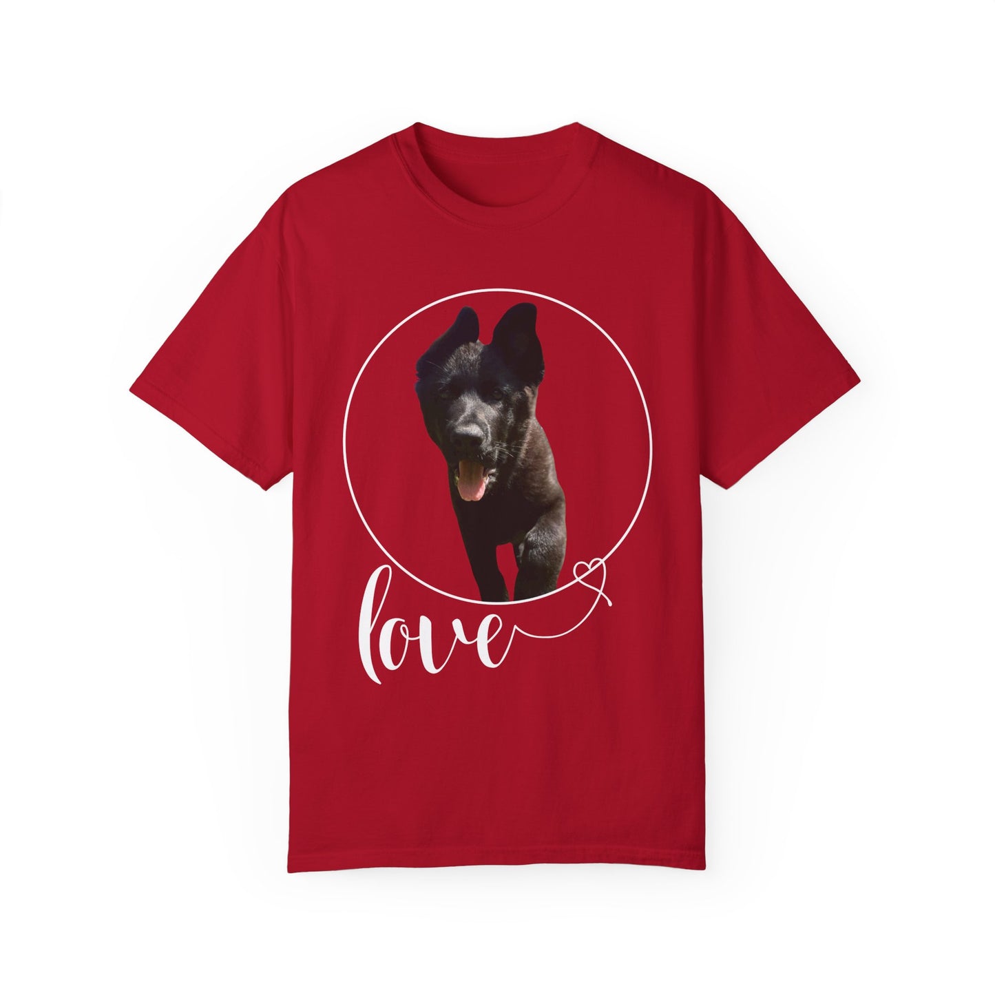 Unisex Dog Lover T-Shirt With Solid Black German Shepherd Walking On a Grass and Text Love