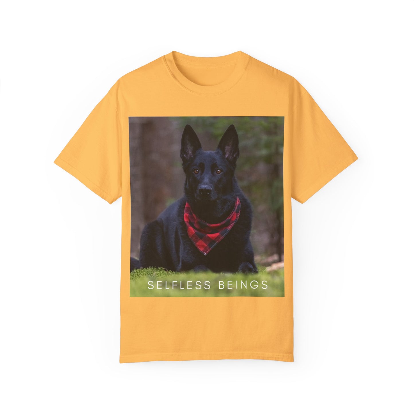 Unisex Dog Lover T-Shirt With a Solid Black German Shepherd Wearing a Red Romal Sitting and Caption Selfless Beings