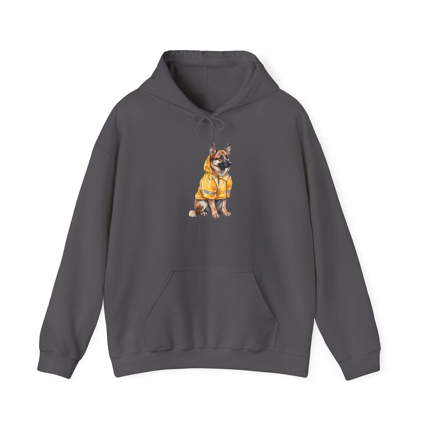Unisex Dog Lover Hoodie With a Graphic of German Shepherd Wearing a Yellow Rain Coat