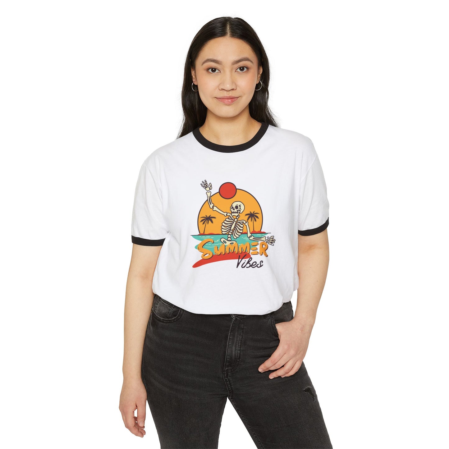 Retro Summer Ringer T-Shirt, Vintage Beach Tee, Skeleton Graphic Shirt, Unisex Casual Wear, Perfect for Summer Vibes