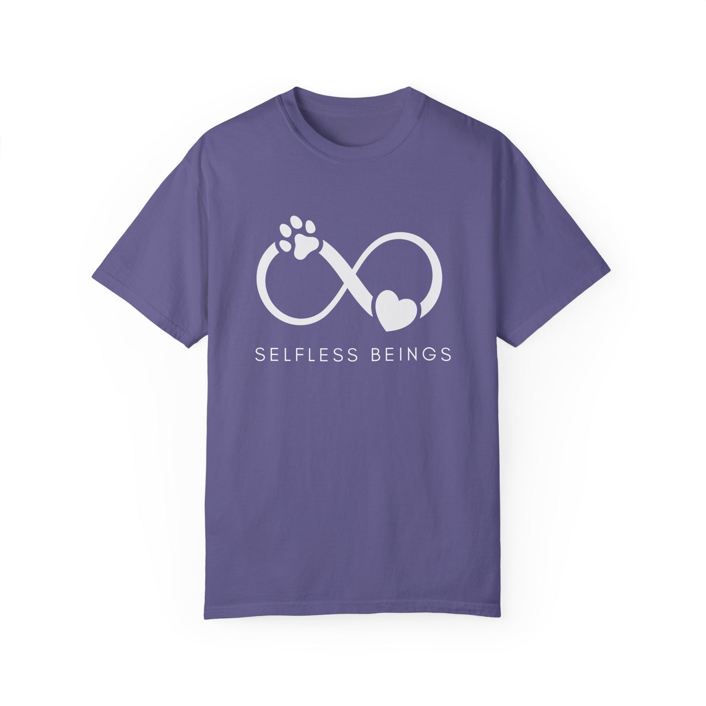 Unisex Dog Lover T-Shirt With Paw Print and Heart on Infinity Symbol and Caption Selfless Beings Below